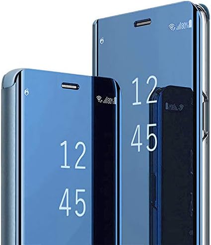 Mirror Case Compatible with Galaxy A10 A30 A50 Slim Flip Stand Translucent Clear View Electroplate Plating Smart Hard Cover (Blue, Galaxy A50)