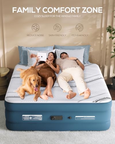 Tencity Queen Air Mattress with Built-in Pump, 20” Luxury Blow Up Mattress with 3cm Quilted Foam Topper, Extra Firm Support, Quiet Inflatable Bed for Guests, Home & Temporary Sleep, 660 lbs