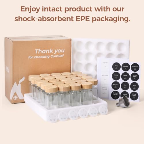 ComSaf 4oz 24Pcs Glass Spice Jars with Bamboo Lids, Empty Spice Containers with 93 Labels, Square Seasoning Containers Trial and Supplement Set, Small Seasoning Bottles for Salt, Herbs, Sugar, Pepper