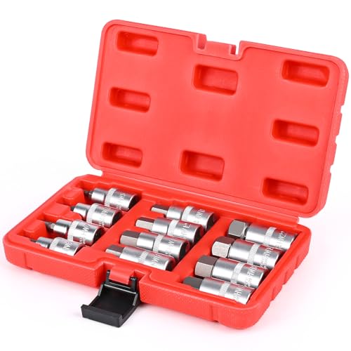 12 Pieces Hex Socket Set, 1/2 Hex Socket Set, 5-22 mm Steel Socket Set with Portable Case, Anti-Corrosion for Automotive and Industrial Use (Red)