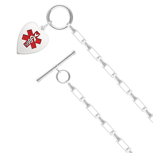 Customizable Ladies 0.925 Silver Sterling 5mm Long Box Medical ID Alert Heart Charm Bracelet, 8in