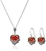 Amazon Collection Sterling Silver Marcasite Red Glass Heart Earrings and Curb Chain Pendant Necklace Jewelry Set
