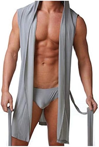 Men's Bathrobe Hooded Sleeveless Open Front Sleepwear Pajamas Silky Fabric Belt Robes