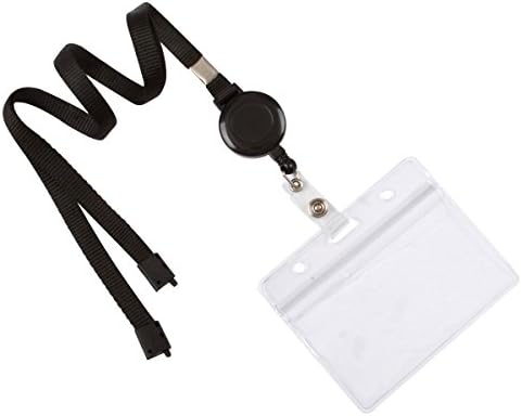 Lovely Lanyard Pack of 5 All-In-One Neck Lanyard with Retractable Reel, Breakaway Clasp, &amp; Clear Plastic Horizontal ID Badge Holder (Black)