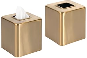 mDesign Metal Square Tissue Box Cover, Modern Facial Paper Holder - Accessories for Bathroom Vanity, Bedroom Dresser, Night Stand, Desk, Office, End Table - Unity Collection - 2 Pack - Soft Brass