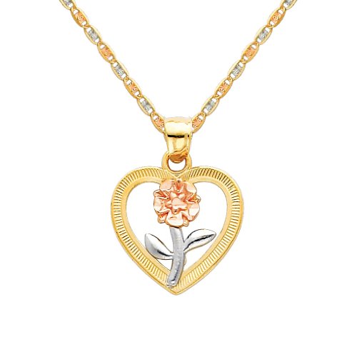 Wellingsale 14k Tri 3 Color Gold Polished Flower in Heart Charm Pendant with 1.5mm Valentino