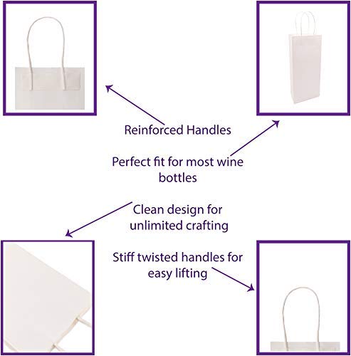 Wine Bags, White Paper Bags, for Wine Spirits 5.25" x 3.25" x 13" Gift Bags, White Kraft Bags (25)