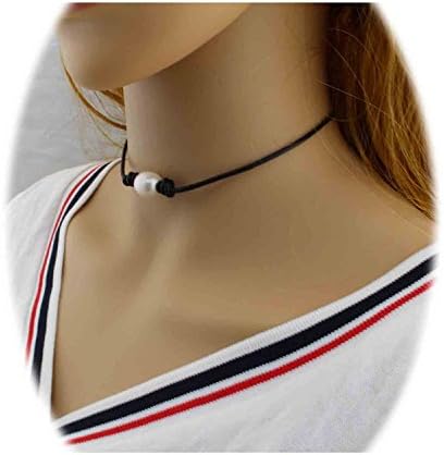 16-18'' Single Pearl Leather Necklace Handmade One Pearl Necklace Choker Jewelry on Black Leather Cord