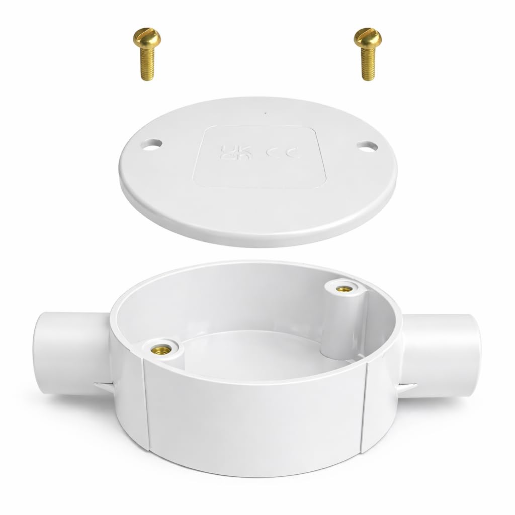 White 20mm PVC Conduit Box 2 Way Through Terminal Box with Lid and Screws - Pack of 1