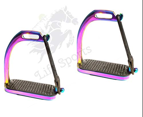 Lift Sports 4.75″ Rainbow Multi Color Horse Riding Peacock Safety Saddle Stirrups Irons Gloss Finish Fillis English Riding Protection Saddle Stainless Steel Equestrian Kids Children