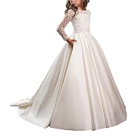 Satin White First Communion Dresses for Girls with Sleeves Long Ball Gown Size 10