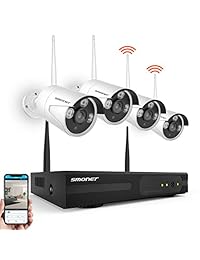 [más transparente que 960H] SMONET 4CH 720P Sistema de vigilancia con cámaras de seguridad, inalámbrico, de 4 piezas 1,0 MP, con WIFI, cámaras IP con forma de bala, con soporte, alarma de detección de movimiento y visión remota, por IOS o Android App, sin