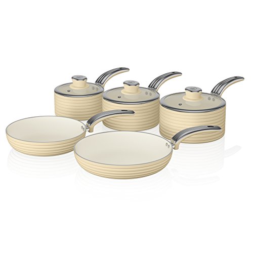 Swan SWPS5020CN 5-delige pannenset, retro design, aluminium, cremekleurig, 29,5 x 47 x 18 cm