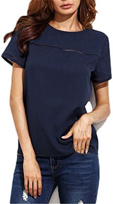 Stjeny Nice Hollow Insert Round Neck Keyhole Back Tops Women Blue S