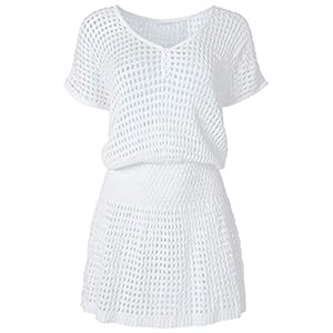 CORAFRITZ Vrouwen Mode Gehaakte Badpak Jurk Crew Neck Korte Mouw Effen Kleur Uithollen Bikini Covers Up