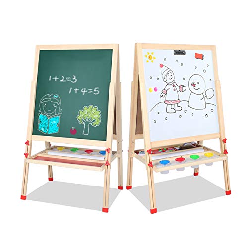 GEMEM Adjustable Wooden Easel Board Double Sided Children Art Easels Chalkboard Magnetic Dry Erase Board with Paper Roll and Accessories for Kids Toddlers Painting and Drawing