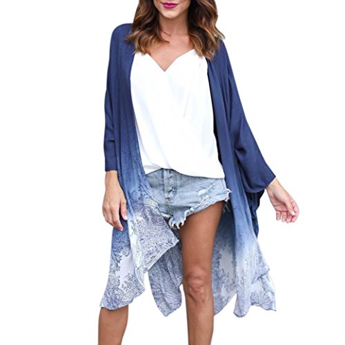 Funic Women 3/4 Sleeve Chiffon Kimono Cardigans Blouse Cover Ups Shirt Blouse Beachwear (XL, Blue)
