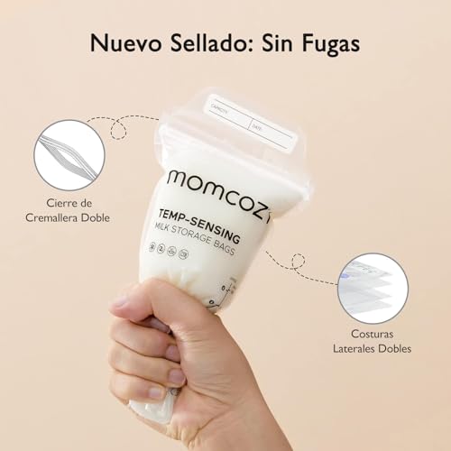 Momcozy Bolsas para Leche Materna, Bolsas con Indicador de Temperatura para Lactancia, Bolsa Desechable Autoportante 6 oz, Bolsas para Congelar con Cierre Seguro, 50 pzas