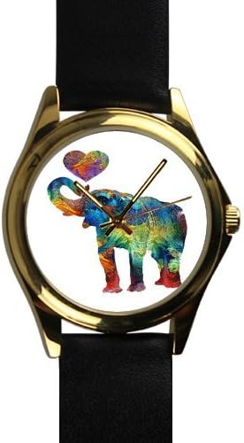 Popular Colorful Watercolor Elephant and Heart Art Unisex -tone Gold Round Leather Metal Watch