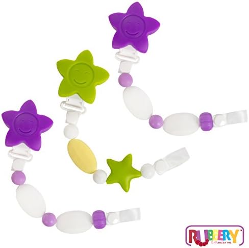 3-Pacifier Clip Teether Toy - Baby Girl or Boy Star Beaded Silicone Teething Toy and Pacifier Clip - Lavender Purple White Color - Greeting Card Included for Baby Gifts