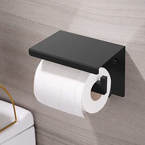 WEKIS Matte Black Toilet Paper Holder with Shelf, Self Adhesive or Wall