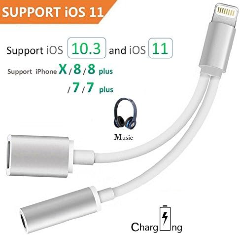 iPhone 7 / 7 plus / 8 / X Adapter, (Support iOS 11) Aprtwin 2 in 1 Lightning Adapter and Charger, Lightning to 3.5mm Aux Headphone Jack Audio Adapter for iphone X, 8, 8 plus, 7, 7 plus (Silver)