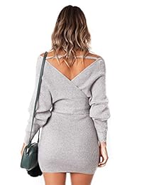 SUNJIN ARCO Vestido de suéter con cinturón para mujer, sexy, profundo cuello en V, espalda sin espalda, manga larga