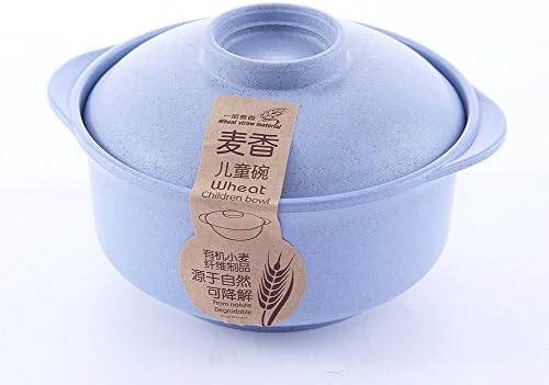 Wheat Straw Eco Biodegradable Unbreakable Bowl Anti Hot Dinnerware Bowl Sets Baby Kids Children Bowls with Lid (Blue)
