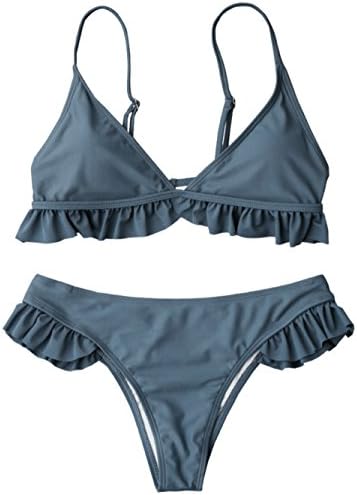 TeeDoc Womens Ruffles Cute Bikini Set Pink Grey Two Piece Bathing Suit (S US0-2, Grey)