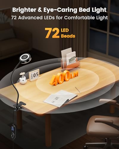 Glocusent Bed Reading Lamp, 72 LED Clamp Lamp with 3 Colours & 5 Brightnesses, Flexible Bed Lamp with Amber Night Light, 30/60 Minute Timer, Eye Protection, for Bed/Reading/Working (Black with Adapter)