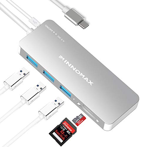 INNOMAX Premium Thunderbolt 3/USB-C Hub/3-Port USB 3.0 Convertor, SD+Micro SD/TF Card Reader for SDXC/SDHC/MMC/UHS-I Cards for MacBook Air 2018, MacBook Pro 2016-2018,XPS,Hp Spectre,Surface-Silver