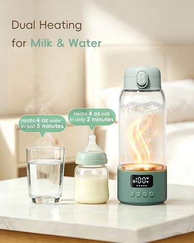 Portable Bottle Warmer for Travel, 17oz Large Capacity, 2-Min Fast Heating, Keep Warm Function, Long Battery Life, Ideal for Heating Breast Milk and Water On-the-Go, Green
