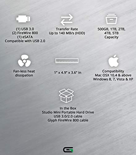 Glyph Studio Mini – Externe Festplatten (2000 GB, 5400 RPM, eSATA, USB 3.0, verkabelt, 3.0, 420 Mbit/s) schwarz, Silber – Bild 7