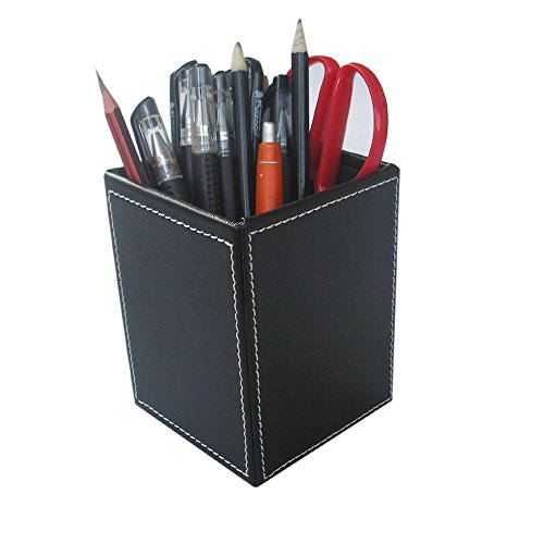 KINGFOM PU Leather Square Pens Pencils Holder Cup Desktop Stationery