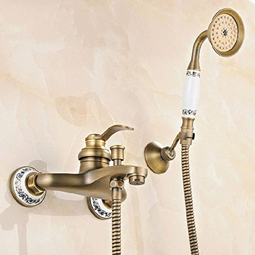 HomeLava Bathtub Faucet with Shower, Retro Brass Single Lever Wall Mounted Shower Mixer Tap Single Lever Bathroom Mixer Tap Brass Wall Mounted