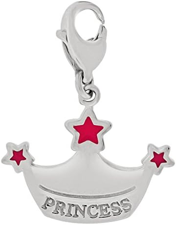 14k Gold White Rhodium, Princess Tiara Crown Pendant Charm Pink Enamel Accents