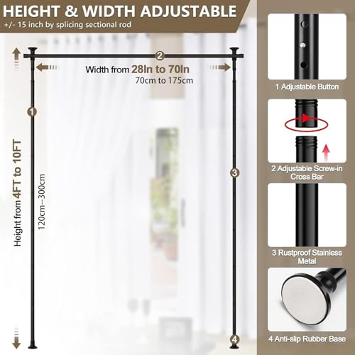 Black Room Divider Curtain Rod, Floor to Wall Ceiling Tension Separator Privacy Space Partition Rods, Heavy Duty No Drilling Room Separation Rods, Adjustable 120-300Cm(H), 70-175Cm(W)