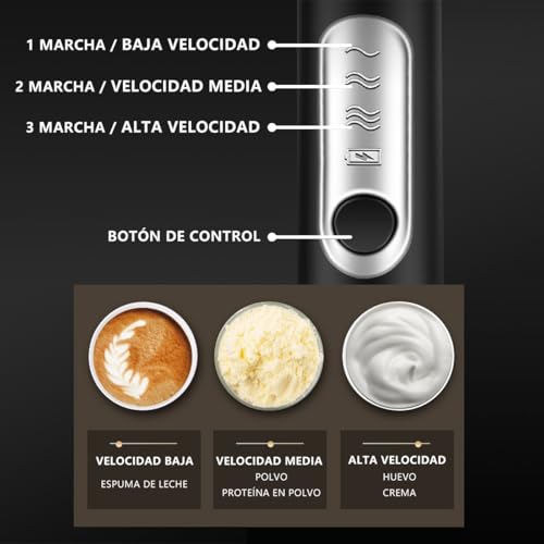 MXHIGO 6 en 1 Espumador de Leche Recargable con 3 Cabezales de Batidores de Acero Inoxidable y Base de Soporte, Agitador de Leche Eléctrico, 3 Velocidades Ajustables, Para Latte Capuchino Matcha Café