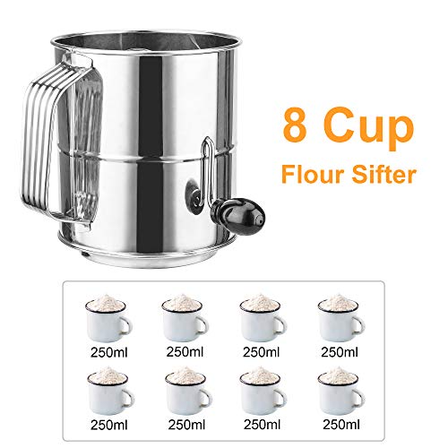 Flour Sifter, ENLOY 8 Cup Stainless Steel Rotary Hand Crank Handheld