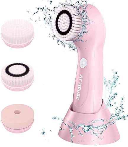 Electric Facial Cleansing Brush, 3 Brush Heads with 2 Power Modes - Rechargeable Face Cleanser Waterproof, Spin Face Brush for Deep Cleansing, Gentle Exfoliating and Massaging(Pink)