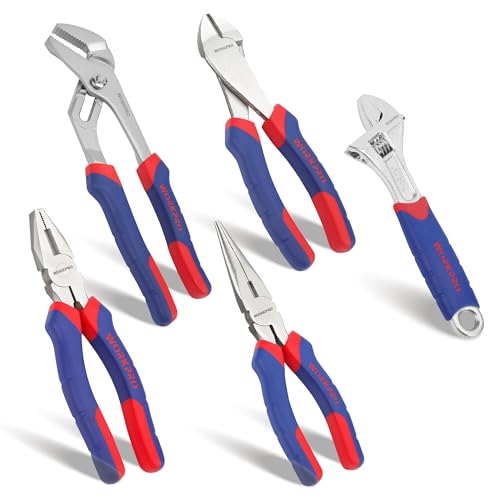 WORKPRO 5 Piece Electrician Pliers Set | Includes Universal Pliers, Diagonal, Long Point, Parrot Beak and Adjustable Wrench for Electrical and DIY Work