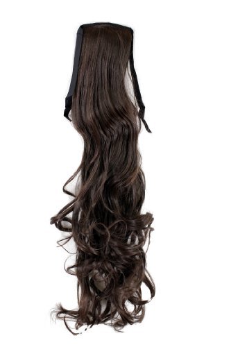 Hairpiece PONYTAIL (comb & ribbon wrap-around system) extension pigtail very long (24 inches) slightly CURLED wavy BROWN YZF-1094HT-6