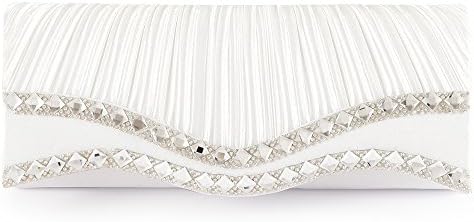 Emour Women Satin Pleated Rhinestone Clutch Wedding Bag Bridal Prom Evening HandBag (White)