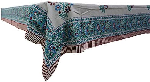 Meeraaki 100% Cotton Block Print Multi-Colour Floral/Leaf Motifs Table Cloth Rectangular Table