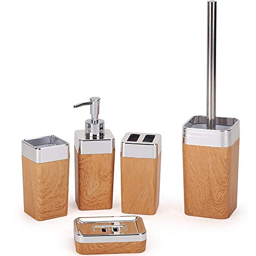 Virklyee 5 pieces bath accessory set Wood grain Bathroom Toiletries Accessory Set Pump Soap