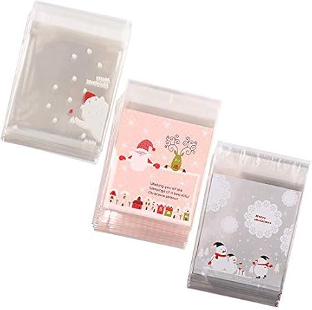 Amazon Ccinee クリスマス ギフトバッグ 3種類セット 3x100pcs 自粘着バッグ お菓子 キャンディー ラッピング トリートバッグ 透明食品収納袋 密閉袋 スナック クッキー 宝石 食品包装 Diy 収納 手作り デコレーション ギフトバッグ 袋 文房具 オフィス用品