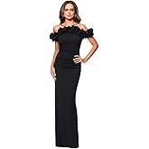 Xscape Women's Off Shoulder Spaghetti Strap Ruffle Top Scuba Crepe Gown with Back Slit, Black, 4