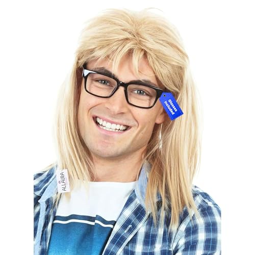 ALLAURA Compatible with Garth Wig – Blonde Mullet Wig + Black Glasses for Men – 80s 90s Rocker, Punk, Heavy Metal Costume – Funny Halloween Couples Outfit, Party Cosplay, Garth & Wayne Duo Look — image 1