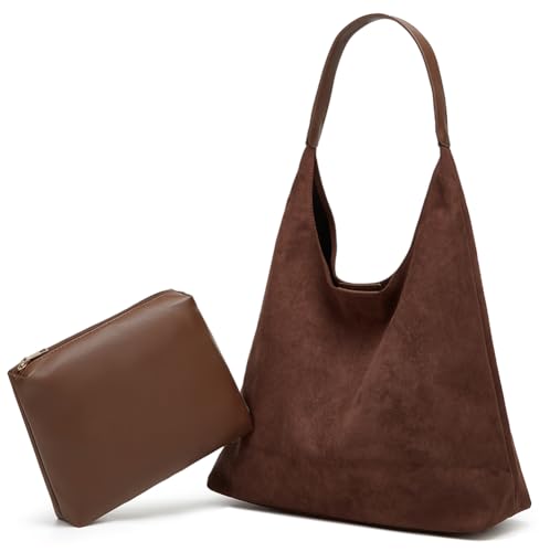 Slouchy Suede Shoulder Bags for Women Large Tote Purse Retro Soft Handbag Casual Work Ladies Top Handle Satchel 2pcs