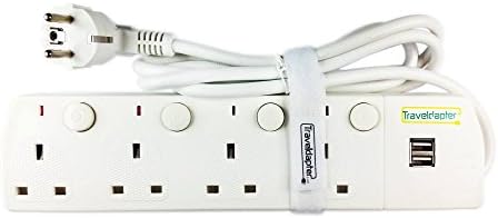 Travel Adapter NIGER Power Plug Strip Multi Safe Extension Lead 6 Inputs Ultra Compact Cord for International Vacation 2 Pin Grounded Type F plug 4 type G Sockets 2 USB Ports 1.5 m White